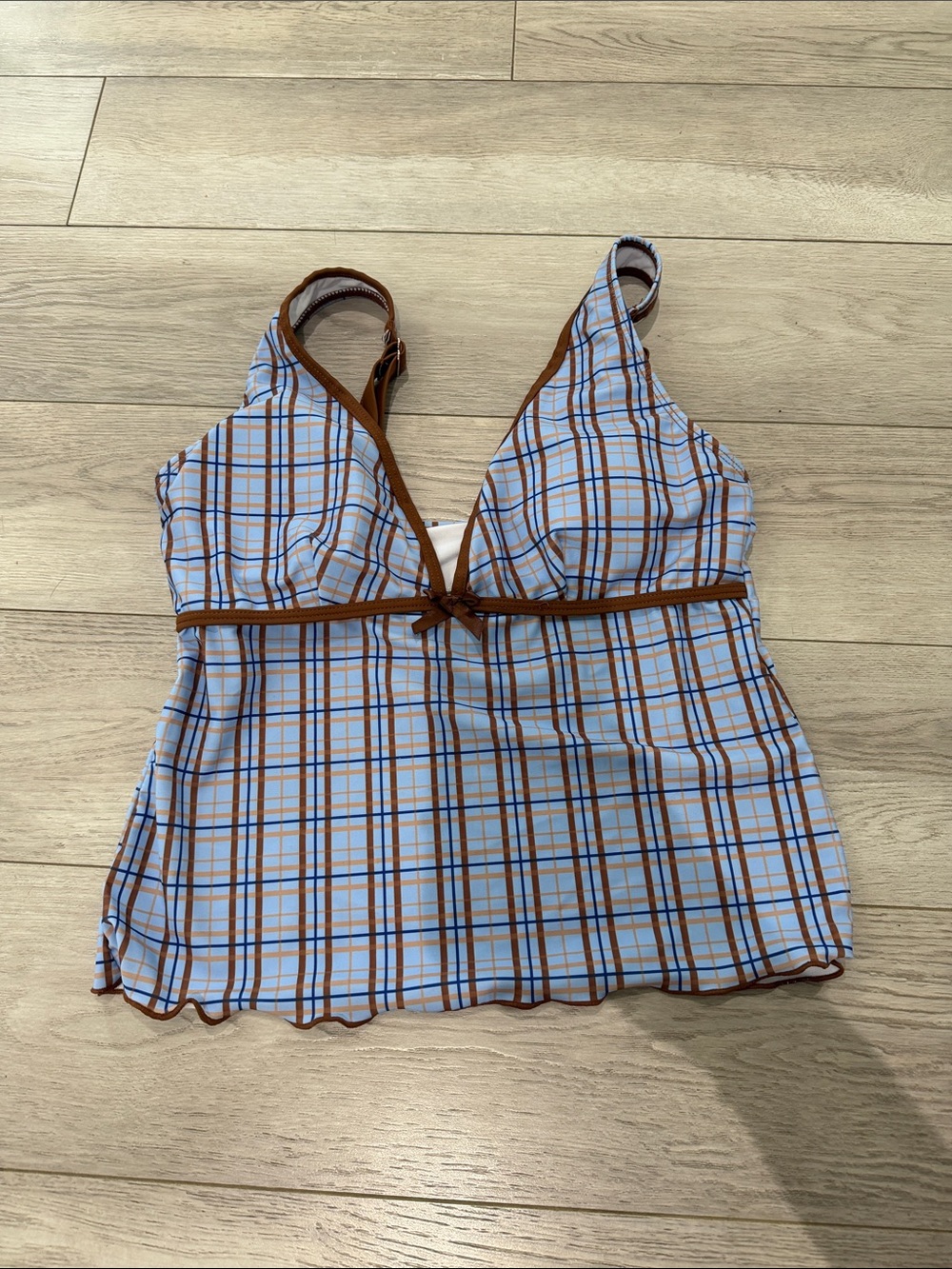 Blue Plaid V-Neck Tank with Brown swim top